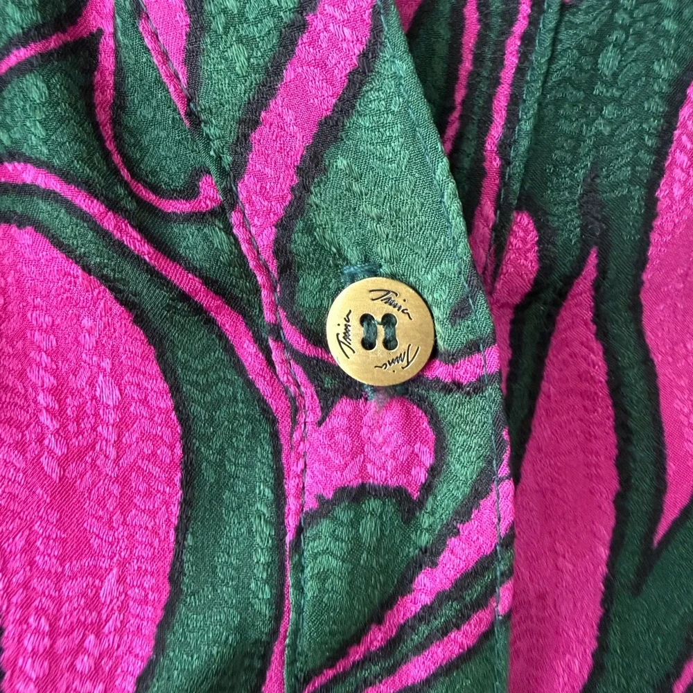Trina Turk 100% Silk Jacquard Blouse Pink Green Button Front Resort Top Petite - Picture 4 of 7